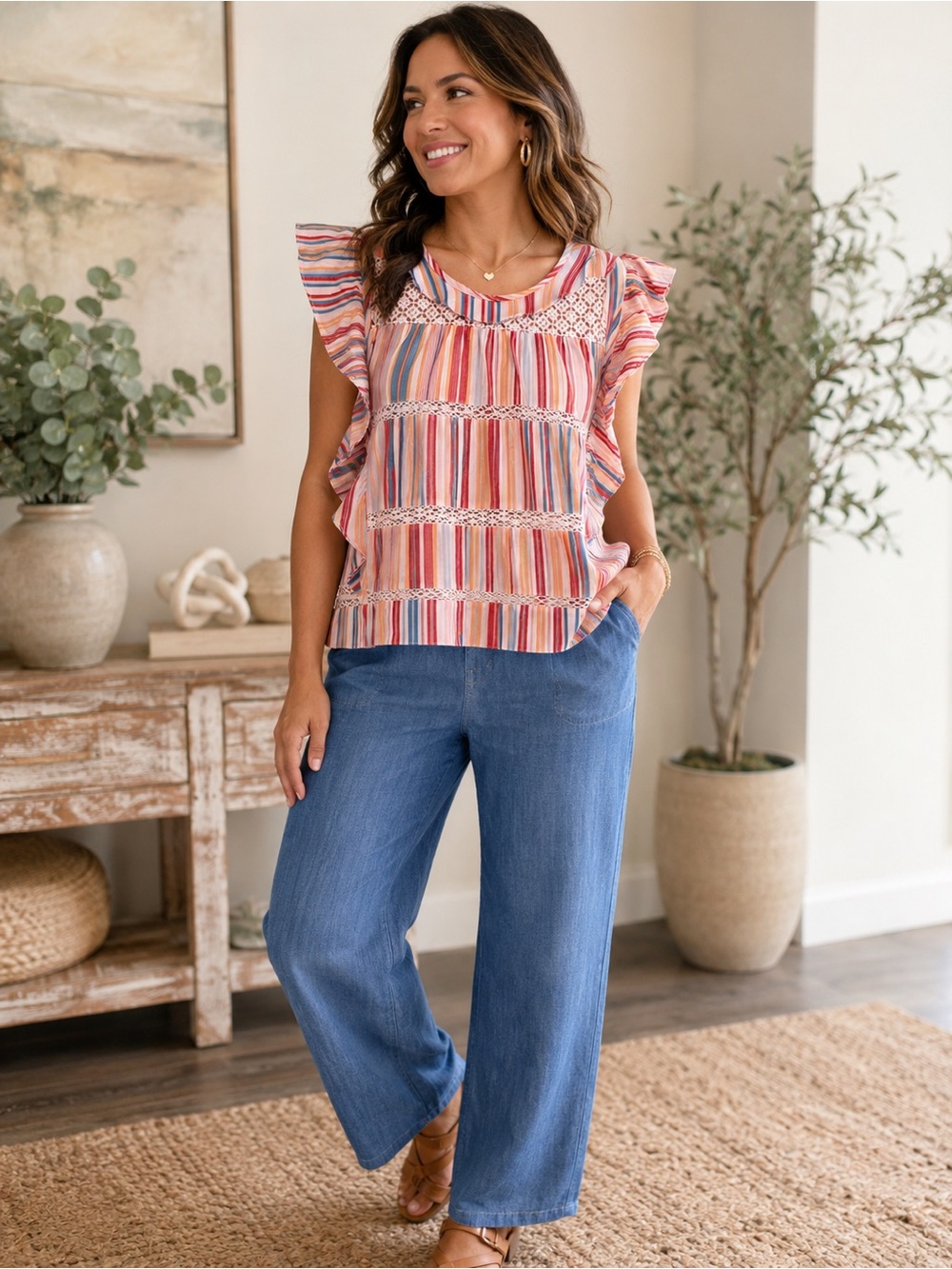 dRA Los Angeles Striped Crochet Trim Flutter Sleeve Blouse – Sz M | 100% Cotton